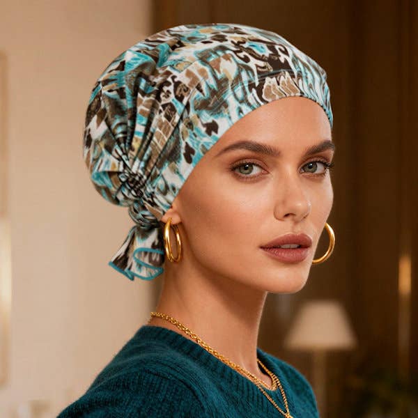 The Abbey Cap Turquoise Gold Leopard Ikat