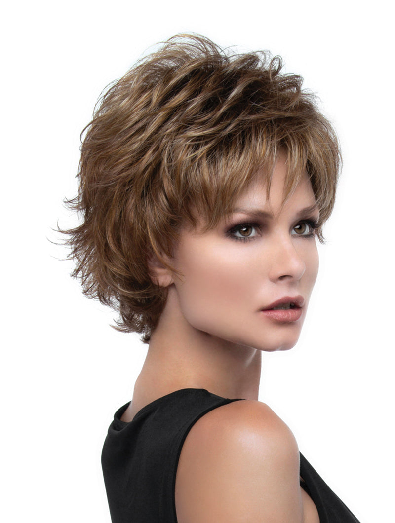 model wearing short spiky wig