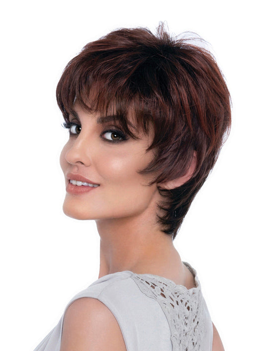headshot of model wearing dark red pixie cut style wig