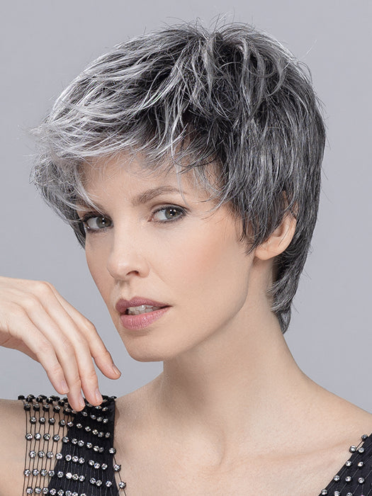 LOVE COMFORT by ELLEN WILLE in SALT/PEPPER ROOTED 51.44.39 | Black/Dark Brown, Darkest Brown, and Lightest Brown with Grey Blend and Shaded Roots