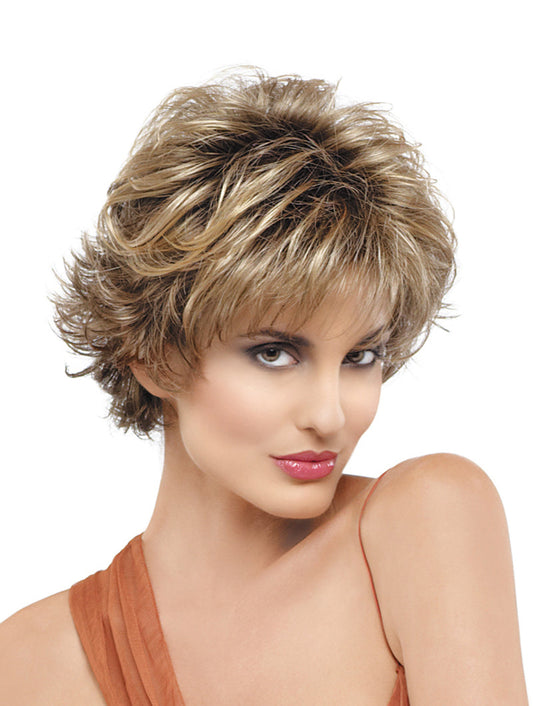 Headshot of model wearing spiky bob style wig