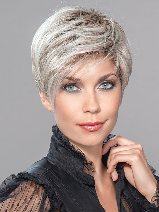 LINK by ELLEN WILLE in PASTEL MINT ROOTED | Peal Platinum and Light Neutral Blonde with subtle Mint Green Hues and a Medium Brown Base with Shaded Roots